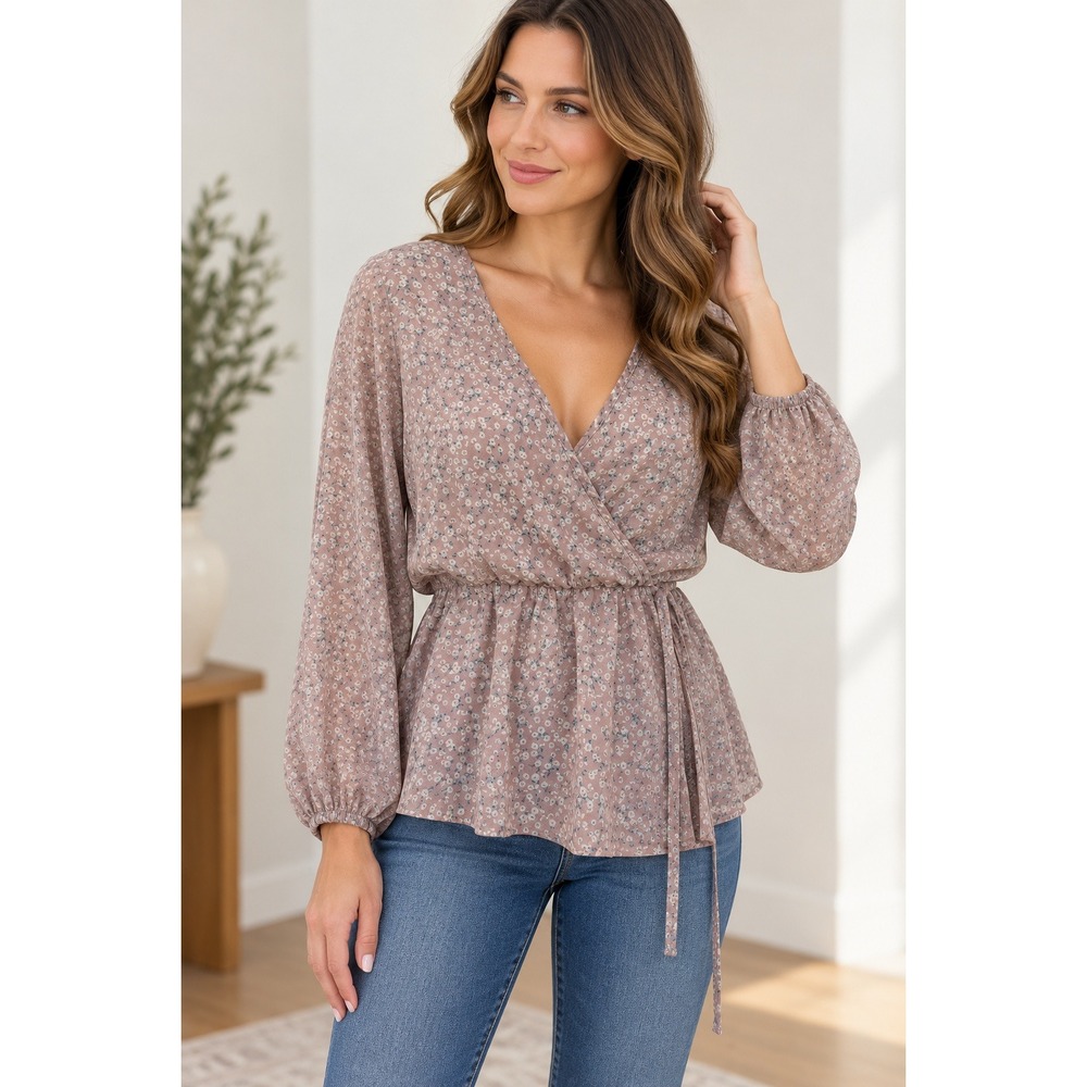 Vanilla Bay Floral Blouse Women Small Cottagecore Pink Wrap Peplum Long Sleeve
